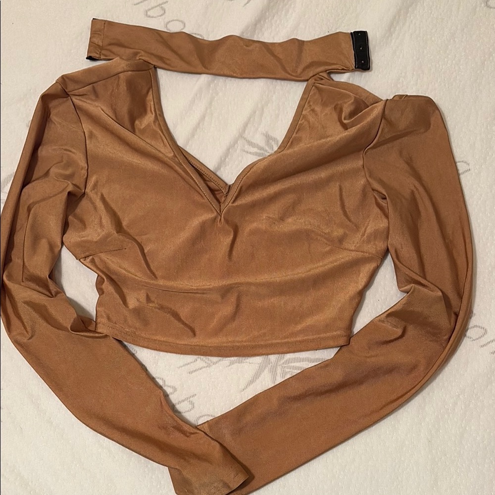 Elegant Tan Gold Long Sleeve Women's Top Neck Choker